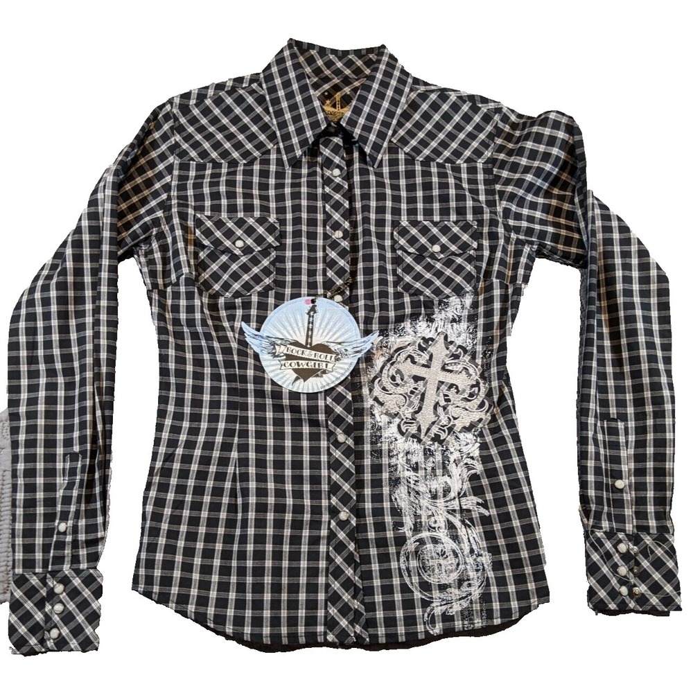 Rock & Roll Cowgirl Pearl Snap Shirt Jr Small Embellished Western Crosses NWT